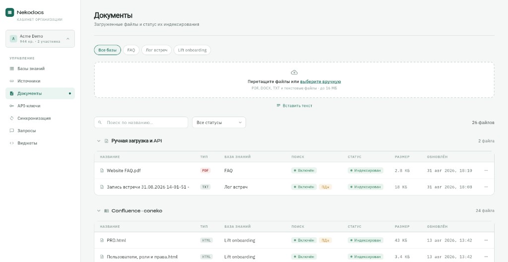 Nekodocs — Документы по разделам: Документы разделены по статусу и содержанию: доступные для поиска, ещё обрабатываемые и содержащие персональные данные.