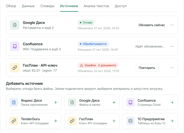 Nekodocs — Источники: Google Диск, Confluence и API-ключи, статус обновления у каждого